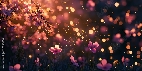 Dreamy Glowing Meadow Cherry Blossoms Night Background, Serene Nighttime Scene with Illuminated Cherry Blossoms in a Meadow