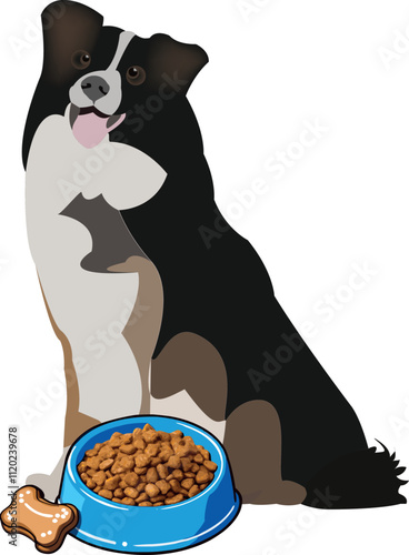 Happy australian shepherd dog sitting next to a full food bowl and bone shaped biscuit