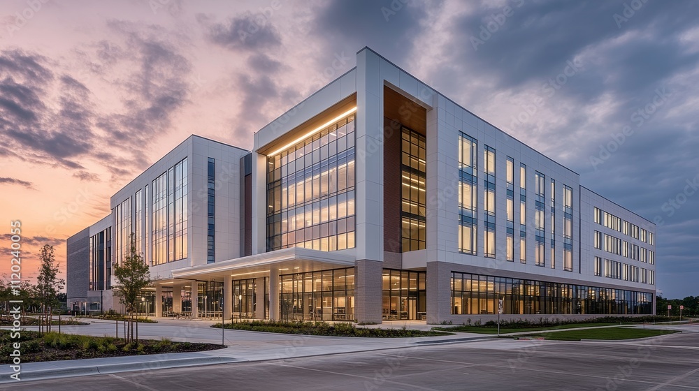 Modern multi-story building with large windows, designed for business or institutional use. Modern multi-story building with large windows, designed for business or institutional use.