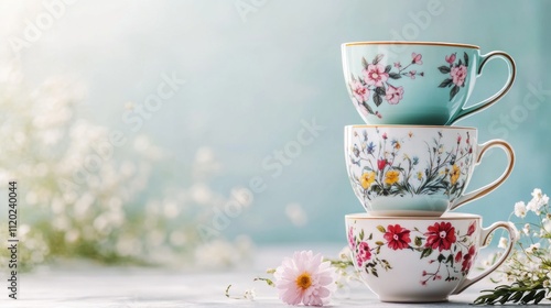 Stack of floral porcelain tea cups with delicate flowers on light background.