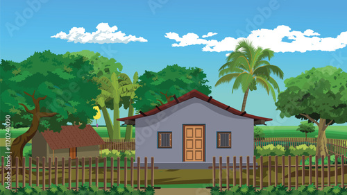 landscape with a house and trees In a Rural village beside a dirt road.Countryside hut sorrounded by wooden fench