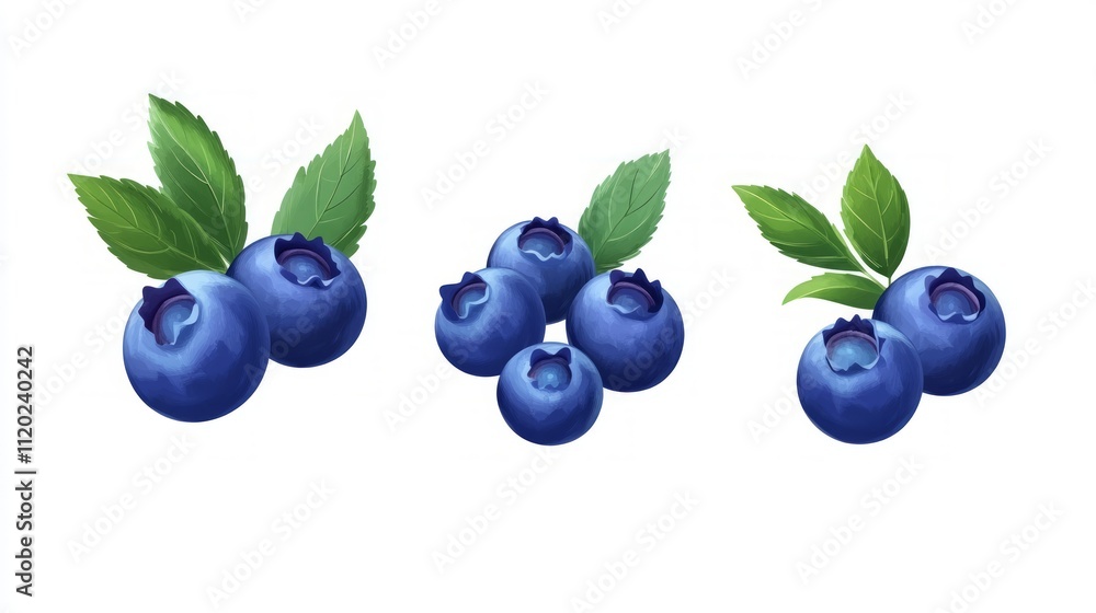 Three sets of fresh blueberries with leaves isolated on white background. Three sets of fresh blueberries with leaves isolated on white background.