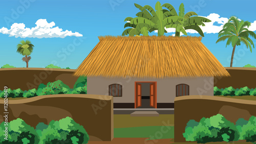 Village mud cottage sorrounded by mud wall and coconut tree,banana trees and bushes.Rural house background design vector illustration