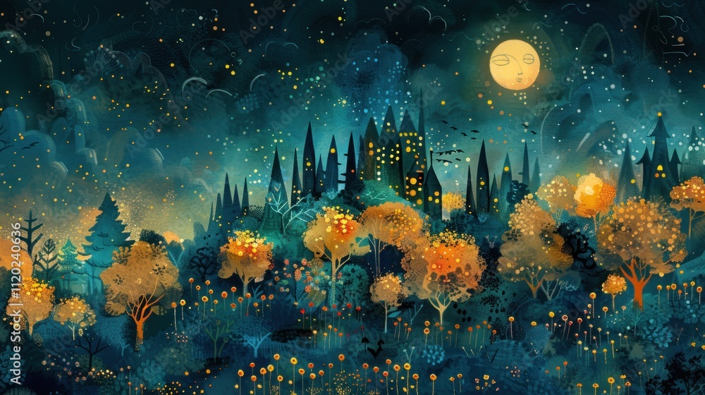 Enchanting autumnal forest scene at night, moonlit castle on hill, magical trees, starry sky. Enchanting autumnal forest scene at night, moonlit castle on hill, magical trees, starry sky.
