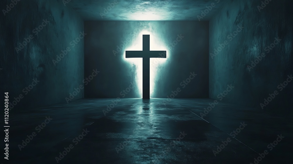 Naklejka premium Glowing Cross in a Dark, Mysterious Room
