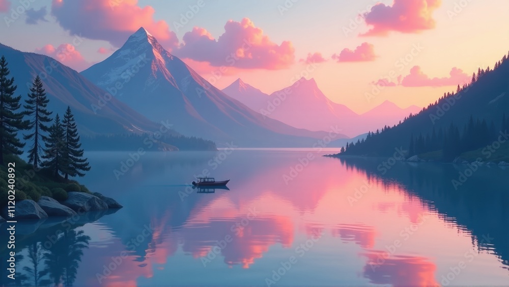 custom made wallpaper toronto digitalSerene Sunset over Mountain Lake with Boat with copy space