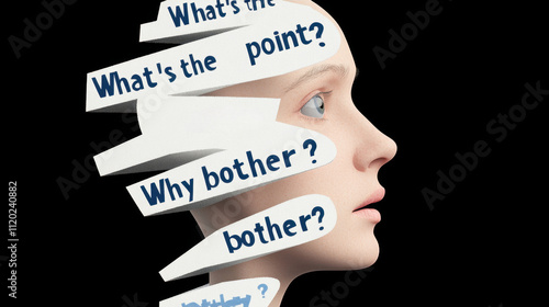 Negative Thought Cycles, The image features a profile of a human head with thought bubbles displaying questions about purpose and motivation, conveying introspection and existential themes. photo