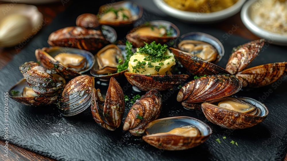 Freshly prepared shellfish dish with butter and herbs on a black serving platter Freshly prepared shellfish dish with butter and herbs on a black serving platter