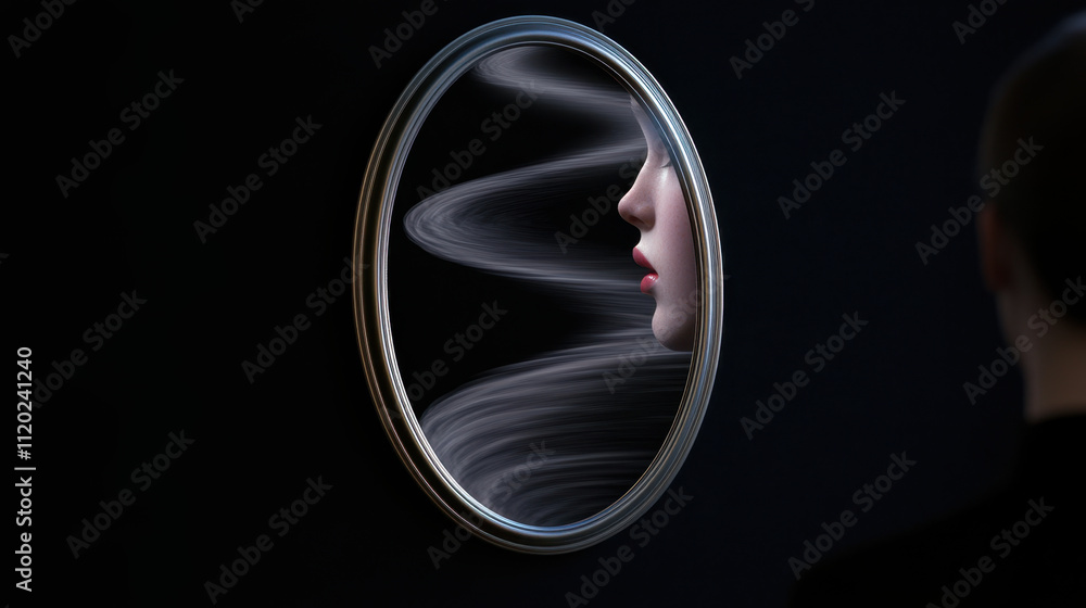 Negative Thought Cycles, A reflective image showing a face in a circular mirror, surrounded by swirling lines, creating an ethereal and artistic atmosphere. Negative Thought Cycles, A reflective image showing a face in a circular mirror, surrounded by swirling lines, creating an ethereal and artistic atmosphere.