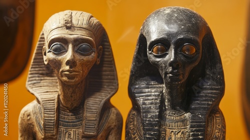 Two ancient Egyptian ushabti figurines, one light brown and one black, displayed against an orange background. photo