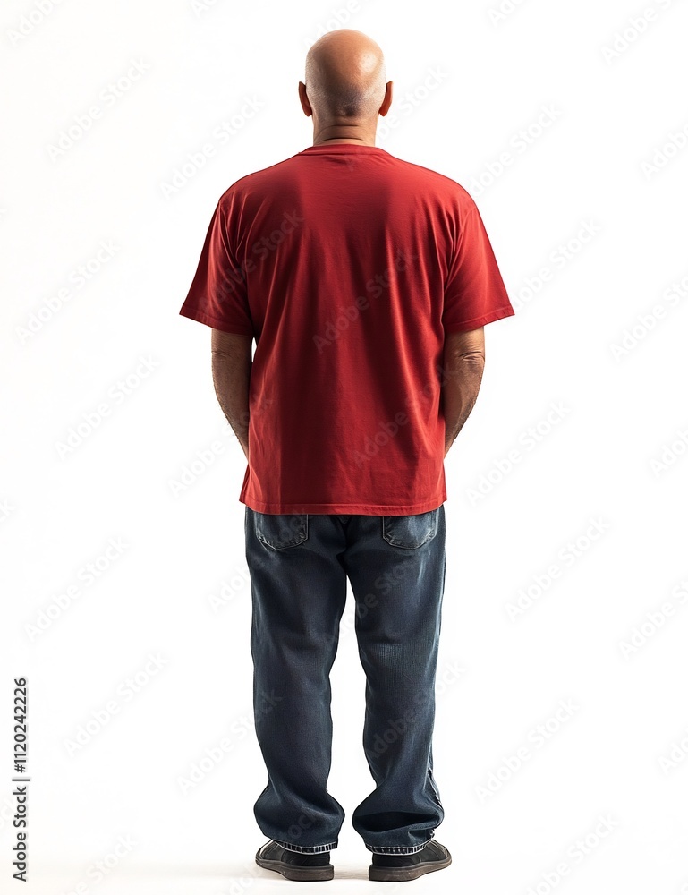 Fototapeta premium Mature Hispanic Man in Red Soccer Shirt Stands Against White Background