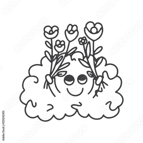 Mental health concept. Doodle brain character with flowers. Recovery concept. Vector outline illustration.