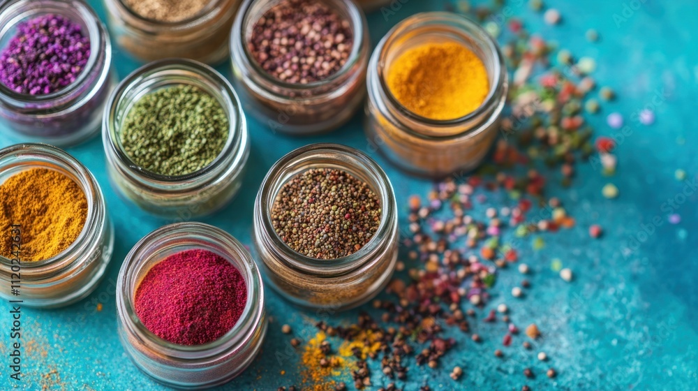 Naklejka premium Assorted colorful spices in small glass jars on a vibrant blue background.
