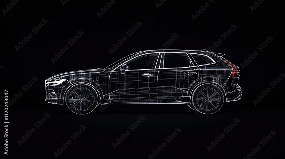 Minimalist 3D Line Art of a Modern Car with Architectural Blueprint Style Glowing Outlines Minimalist 3D Line Art of a Modern Car with Architectural Blueprint Style Glowing Outlines