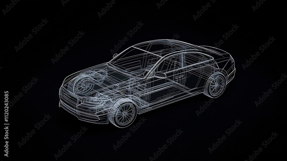 Naklejka premium Minimalist 3D Line Art Rendering of Modern Automotive Blueprint Design