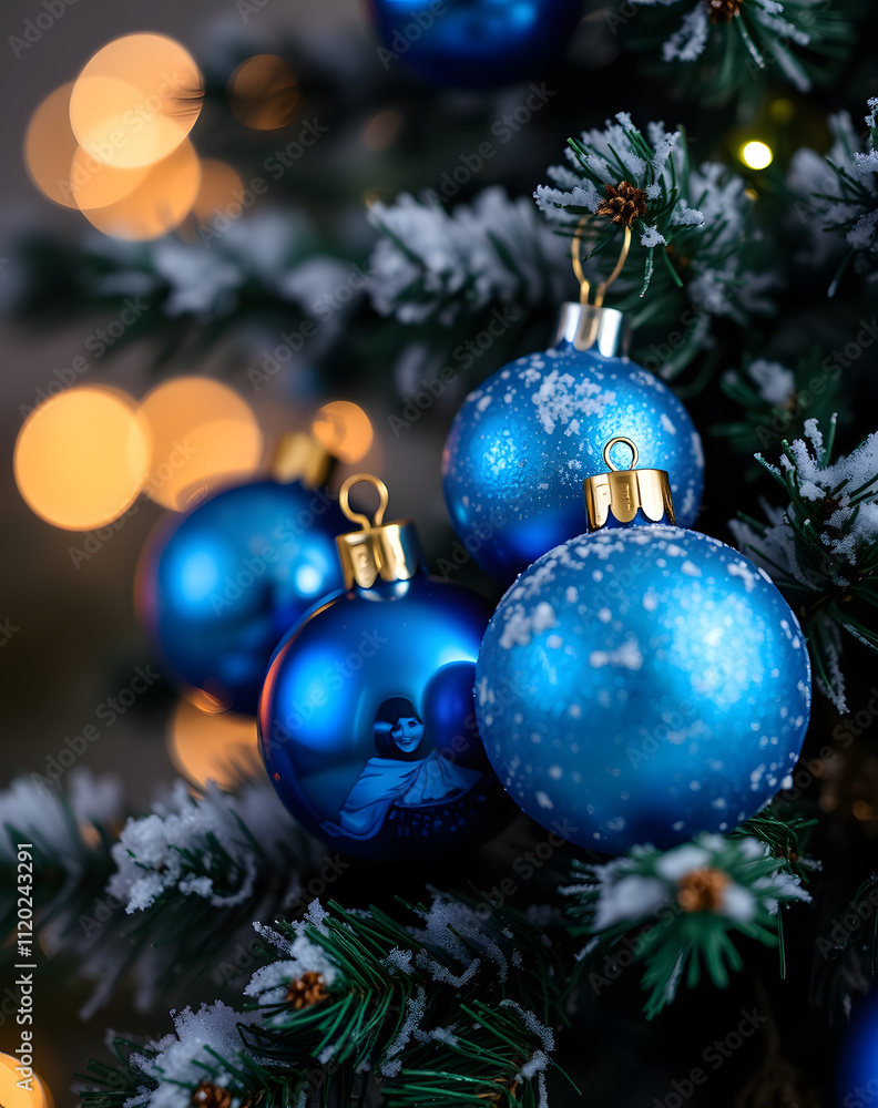 Obraz premium Sparkling blue ornaments adorn a snowy Christmas tree, shimmering under soft golden lights in a cozy holiday setting