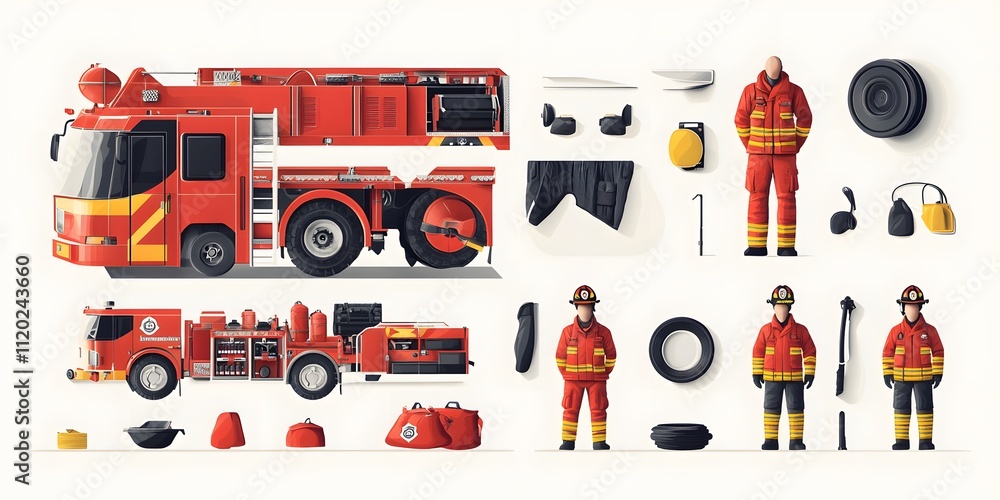 Fototapeta premium Theme: Fire Department, Icon Set, Shapes, Objects, Colorful, on White Background, Abstract Image, Texture, Pattern Background, Wallpaper, Cover and Screen of Smartphone, PC, Laptop, 9:16 and 16:9 Form