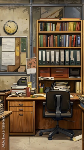Messy Office Desk Bookshelves Workplace Papers Files Clock Room Interior Study Work Business