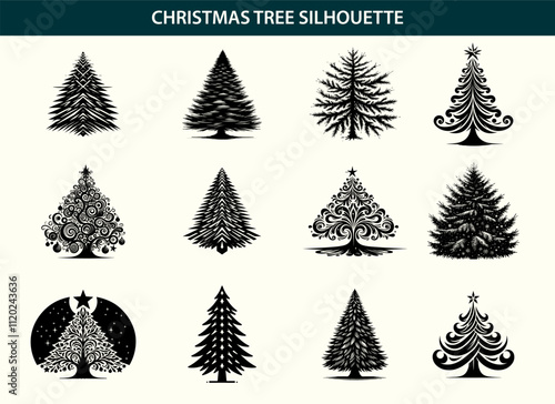 Minimalist Black Holiday Tree Silhouette Vector Art on Transparent Background – Customizable Format