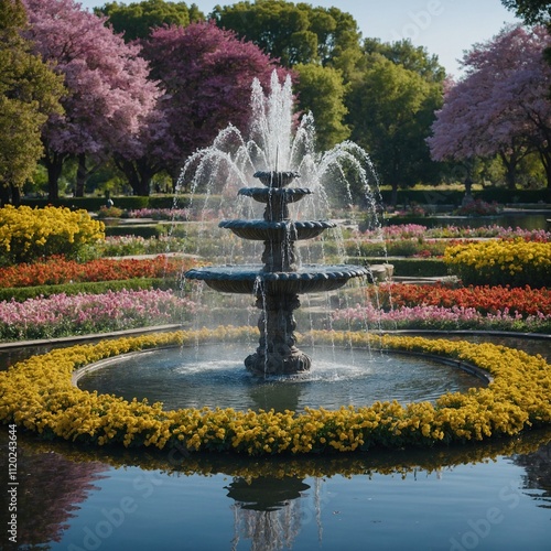 A park with a large fountain in the middle of a sparkling lake, surrounded by blooming flower gardens.

 photo