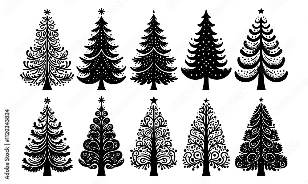 Obraz premium Minimalist Black Holiday Tree Silhouette Vector Art on Transparent Background – Customizable Format