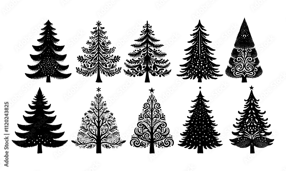 Obraz premium Minimalist Black Holiday Tree Silhouette Vector Art on Transparent Background – Customizable Format