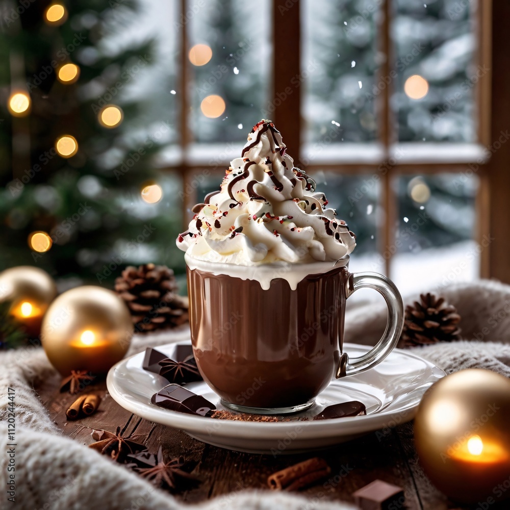 cup of chocolate and whipped cream, sprinkled with chocolate on top, winter outside, christmas tree branches, lanterns, garlands, christmas decorations, big window, winter outside. cup of chocolate and whipped cream, sprinkled with chocolate on top, winter outside, christmas tree branches, lanterns, garlands, christmas decorations, big window, winter outside.