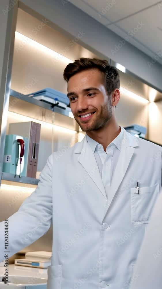 Blonde Caucasian doctor in a white coat smiling at a coworker in an indoor medical office Blonde Caucasian doctor in a white coat smiling at a coworker in an indoor medical office