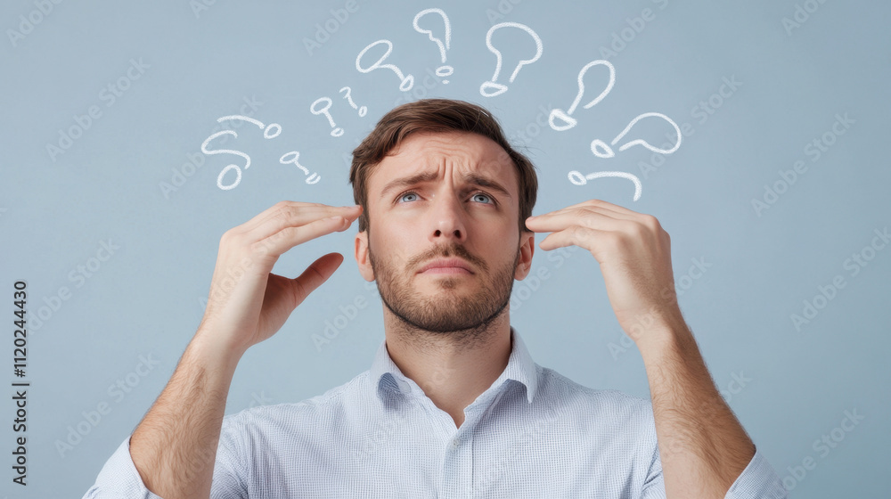 Negative Thought Cycles, A man appears contemplative, surrounded by question marks, signifying confusion or deep thought. Negative Thought Cycles, A man appears contemplative, surrounded by question marks, signifying confusion or deep thought.