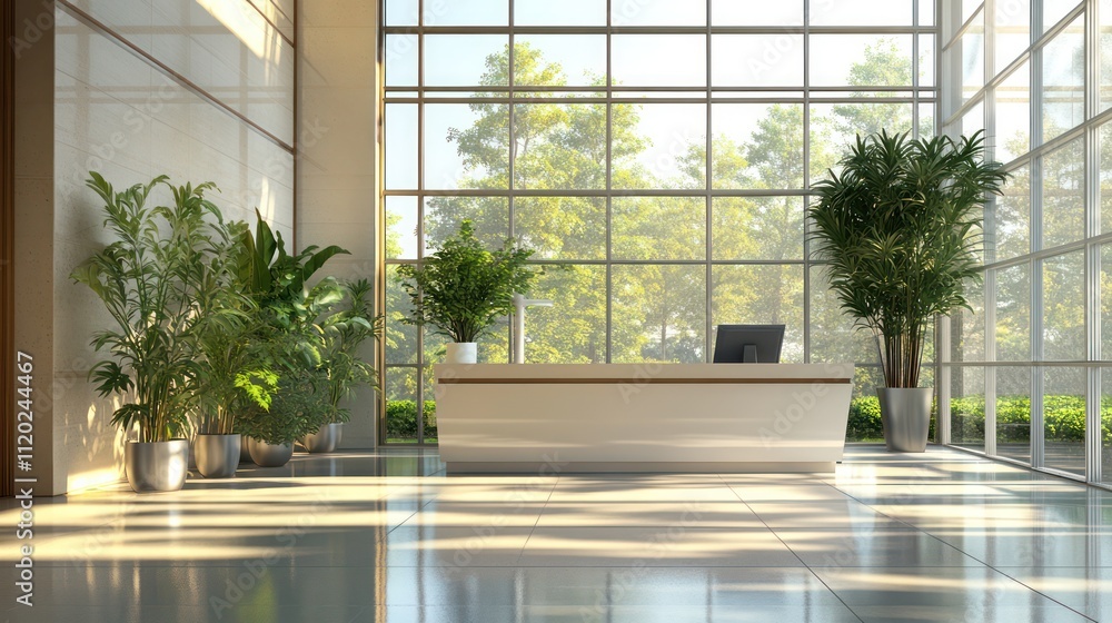Illustration of minimalist lobby interior design with reception desk, plants, and large windows. Ai generated image Illustration of minimalist lobby interior design with reception desk, plants, and large windows. Ai generated image