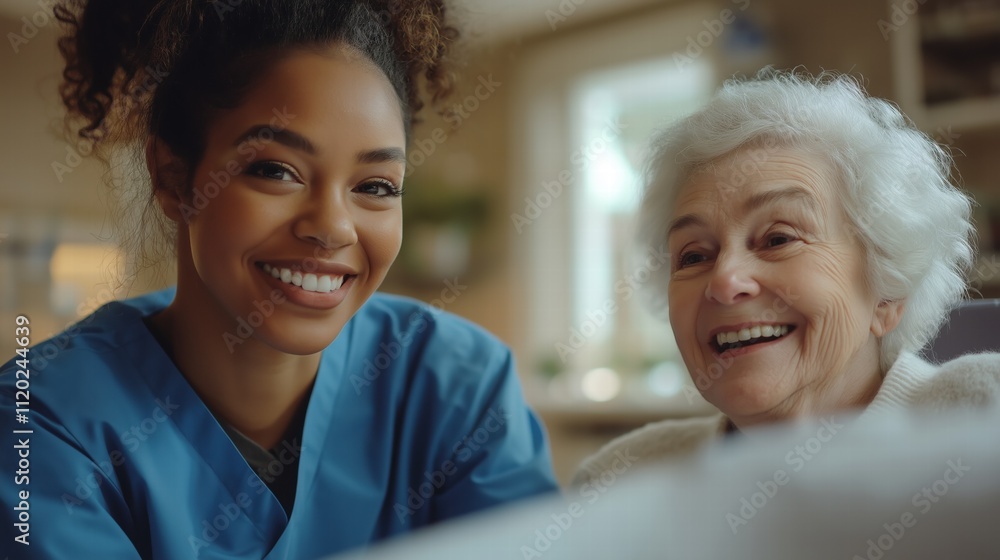 A home health care worker assists an elderly woman in her home
A home health care worker assists an elderly woman in her home