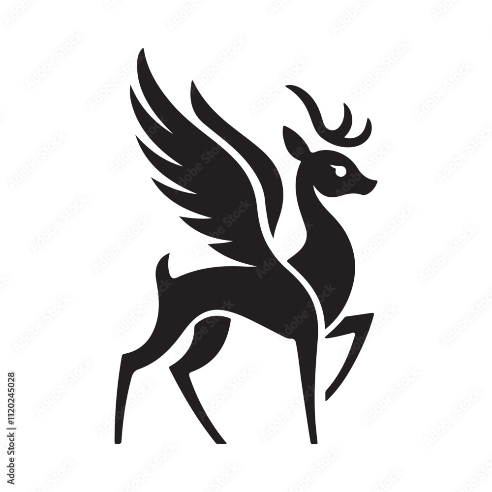 Fototapeta premium Mythical winged deer logo icon, black silhouette of a fantasy flying stag with antlers, elegant celestial reindeer vector graphic, majestic creature mascot for luxury branding and eps design