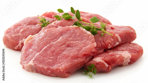 Fresh cuts of pork meat garnished with herbs, displaying a rich pink color and enticing texture.