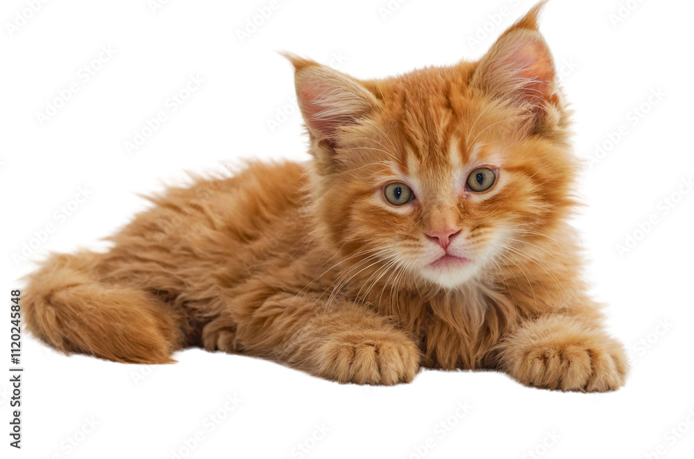 Obraz premium Adorable fluffy ginger kitten lying down with attentive eyes, perfect for pet-related stock images, online content, and social media posts.