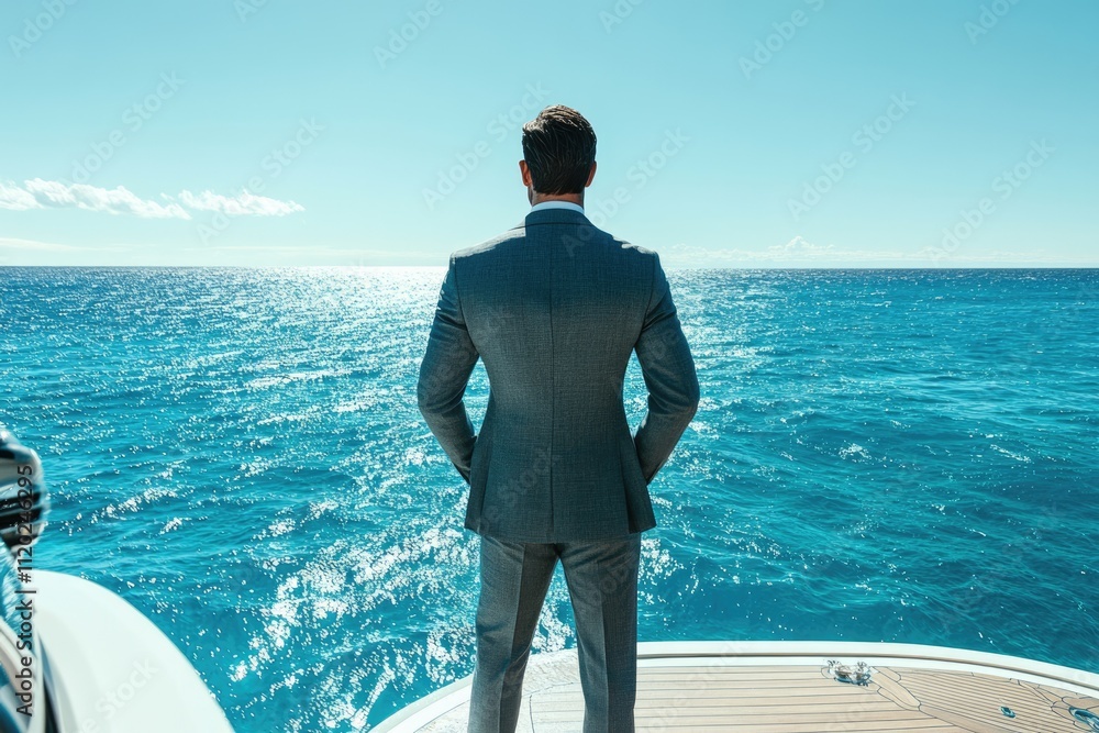 A man in a suit stands on a yacht, gazing at the vast, serene ocean under a bright blue sky.