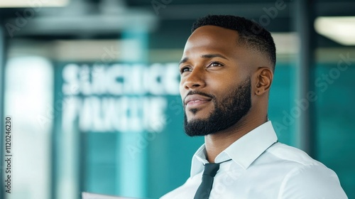 Confident African American Man in White Shirt and Tie Reflecting in Modern Office Environment with Inspirational Ambiance