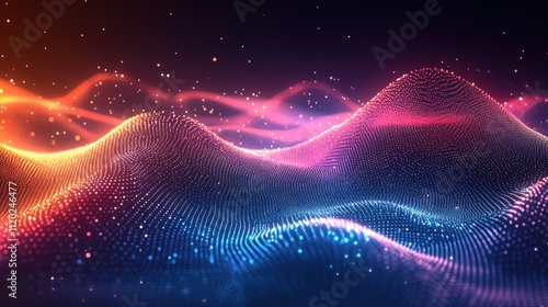 Abstract digital wave background with glowing particles.