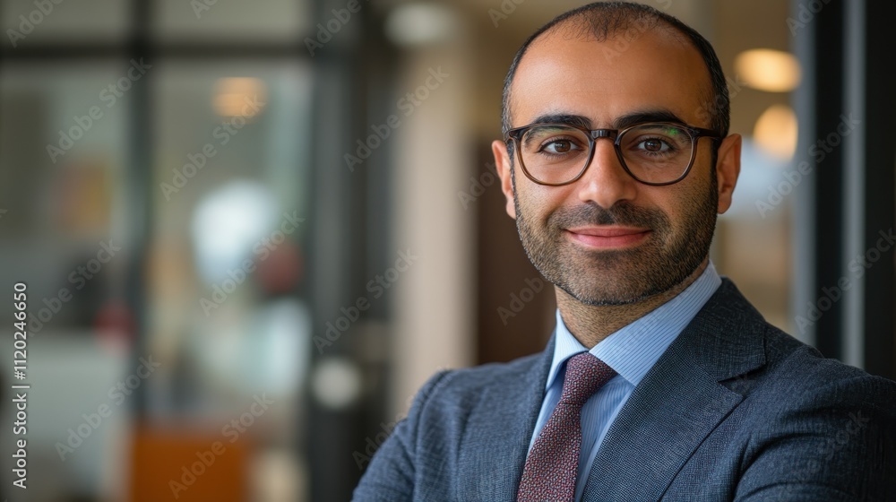 Fototapeta premium Professional Middle-Eastern Man in Suit with Glasses Smiling Confidently Inside Modern Office Environment Filled with Natural Light
