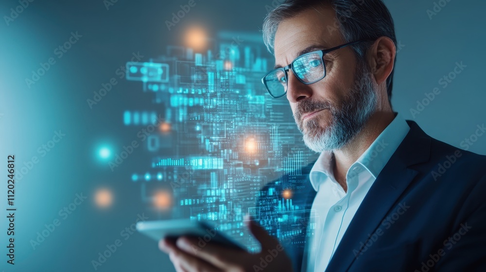 Businessman Using Smartphone with Digital Interface and Data Visualization Background, Technology and Innovation Concept in Modern Workplace Businessman Using Smartphone with Digital Interface and Data Visualization Background, Technology and Innovation Concept in Modern Workplace