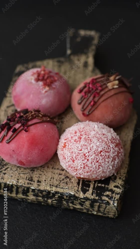 Delicious colorful asian mochi sweets with rice dough shell and fruit filling on dark concrete background Delicious colorful asian mochi sweets with rice dough shell and fruit filling on dark concrete background