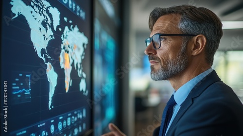 Businessman Analyzing Global Data on Digital Display in Modern Office Environment for Strategic Planning and Decision Making