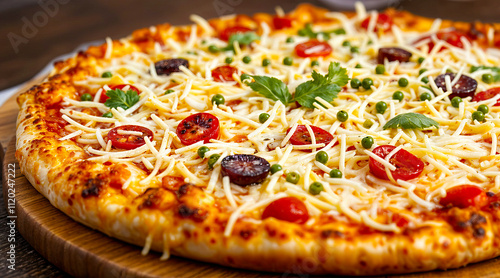 cheesy pizza pepperoni toppings melted mozzarella fresh herbs wooden board rustic style food presentation photo