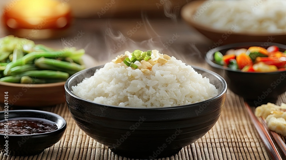 A traditional Asian meal setup with a bowl of steaming rice, soy sauce, and stir-fried vegetables. A traditional Asian meal setup with a bowl of steaming rice, soy sauce, and stir-fried vegetables.
