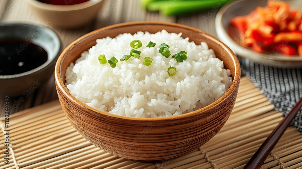 A traditional Asian meal setup with a bowl of steaming rice, soy sauce, and stir-fried vegetables. A traditional Asian meal setup with a bowl of steaming rice, soy sauce, and stir-fried vegetables.