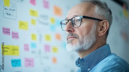 Professional Male Looking Thoughtful in Front of a Whiteboard Covered with Colorful Sticky Notes During a Business Meeting or Brainstorming Session