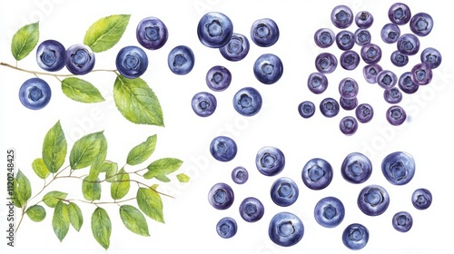Watercolor painting of blueberries on branches and scattered berries.