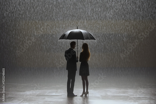 A couple standing under a single umbrella in the rain, but each looking in opposite directions, symbolizing emotional distance. photo