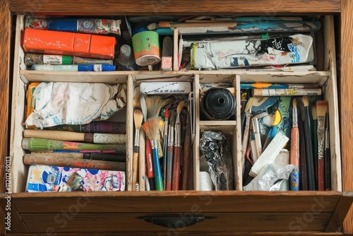 Similar to the previous prompt, showcasing a disorganized cabinet drawer.