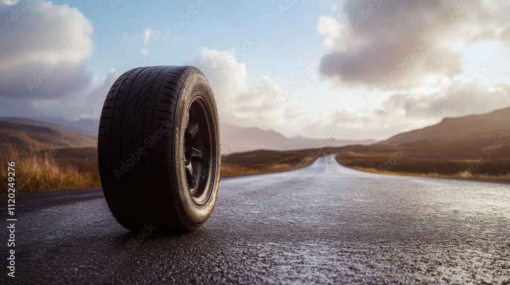 a lone tire rolls down a highway with a scenic background a lone tire rolls down a highway with a scenic background