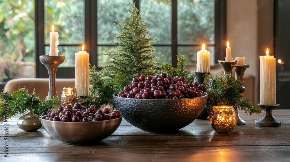 Warm Holiday Table Decor with Grapes and Candles Warm Holiday Table Decor with Grapes and Candles